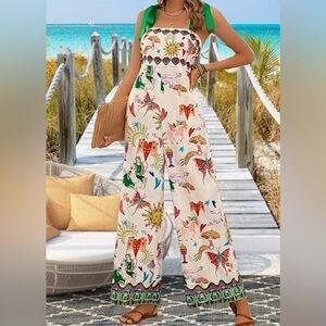 Whimsical Bohemian Spaghetti Strap Wide Leg Jumpsuit